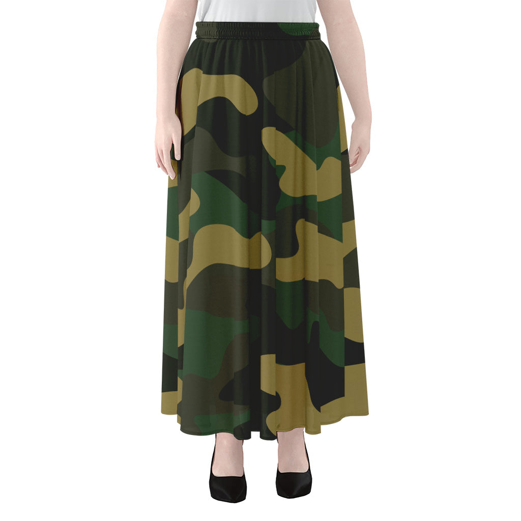 Black And Green Camouflage Print Chiffon Maxi Skirt