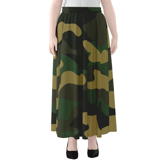Black And Green Camouflage Print Chiffon Maxi Skirt