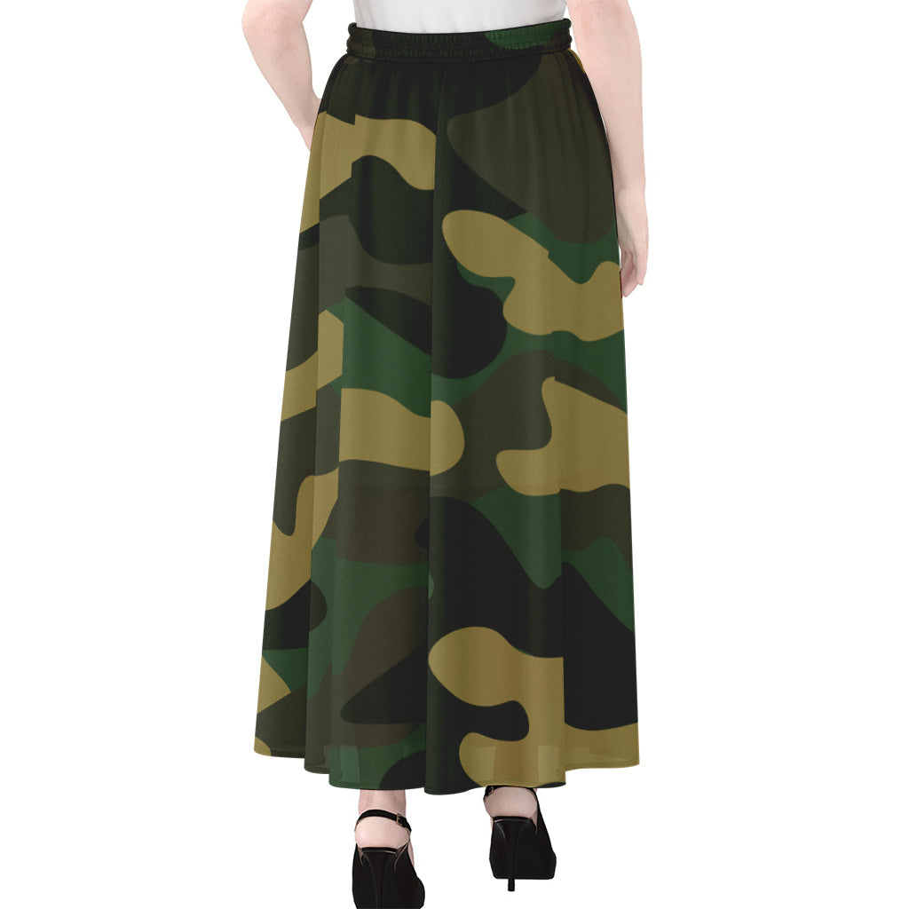 Black And Green Camouflage Print Chiffon Maxi Skirt