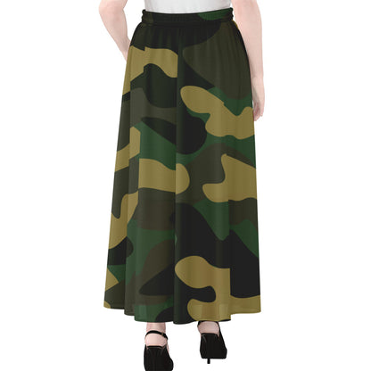 Black And Green Camouflage Print Chiffon Maxi Skirt