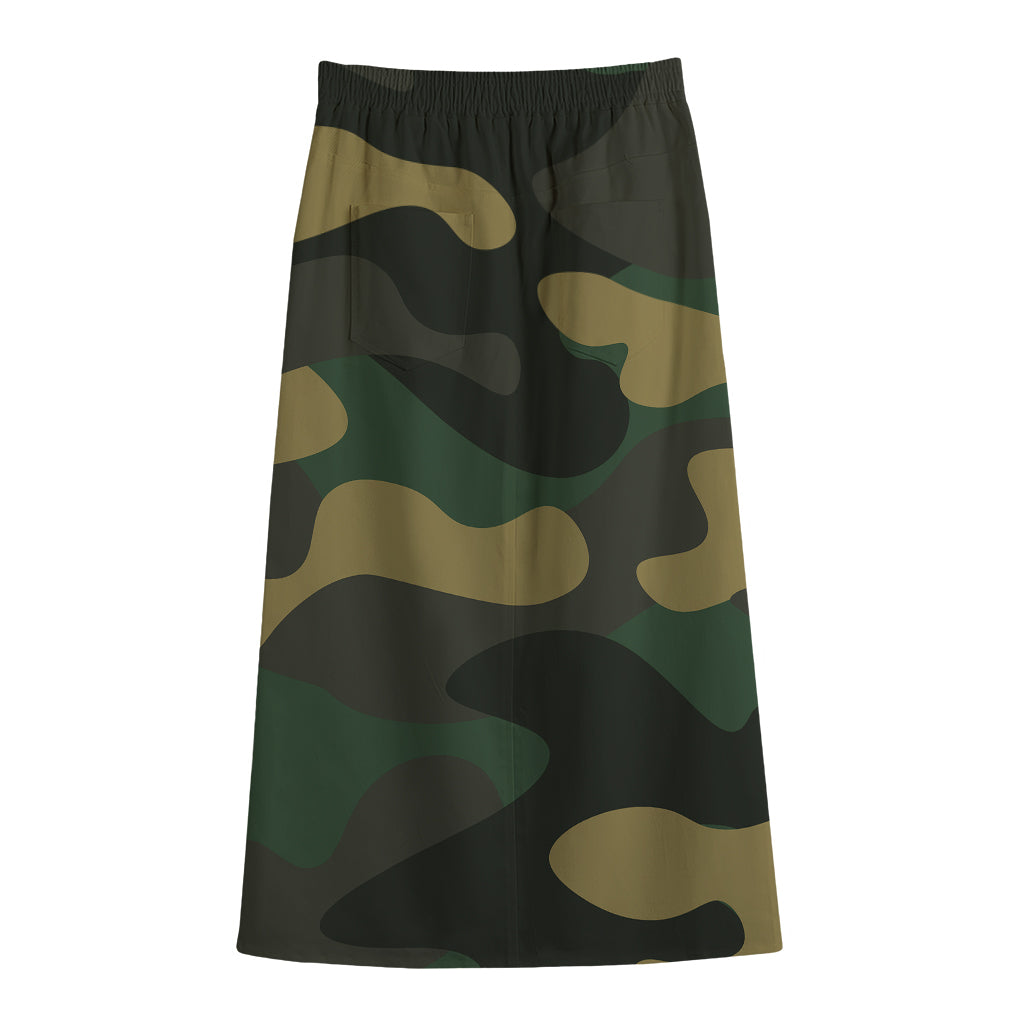Black And Green Camouflage Print Cotton Front Slit Maxi Skirt