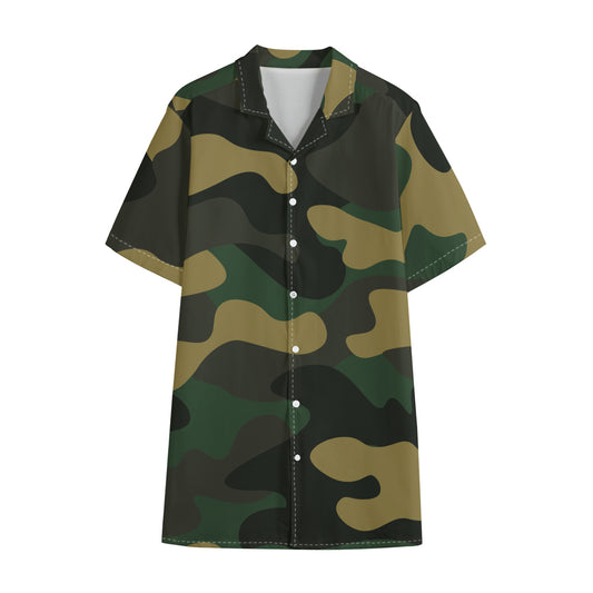 Black And Green Camouflage Print Cotton Hawaiian Shirt