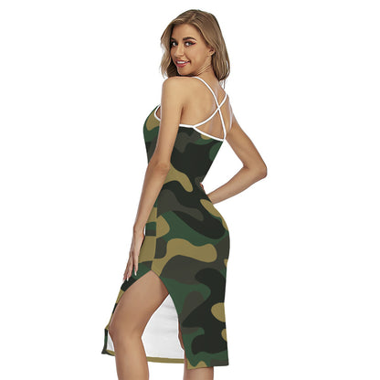 Black And Green Camouflage Print Cross Back Cami Dress