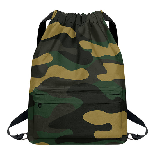 Black And Green Camouflage Print Drawstring Backpack