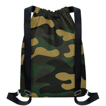 Black And Green Camouflage Print Drawstring Backpack