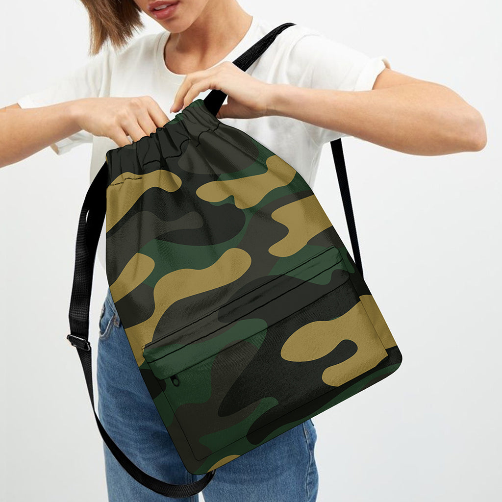Black And Green Camouflage Print Drawstring Backpack