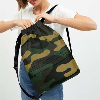 Black And Green Camouflage Print Drawstring Backpack