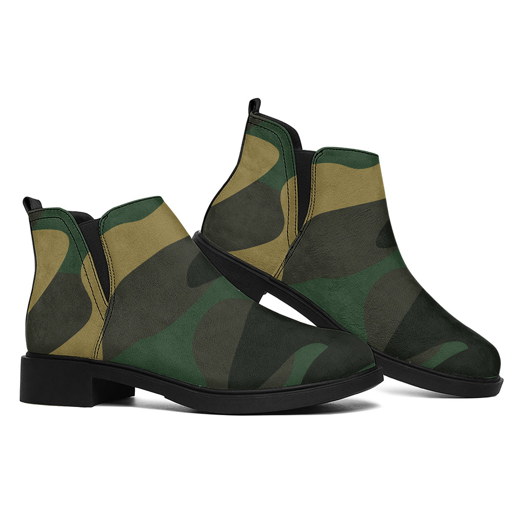 Black And Green Camouflage Print Flat Ankle Boots