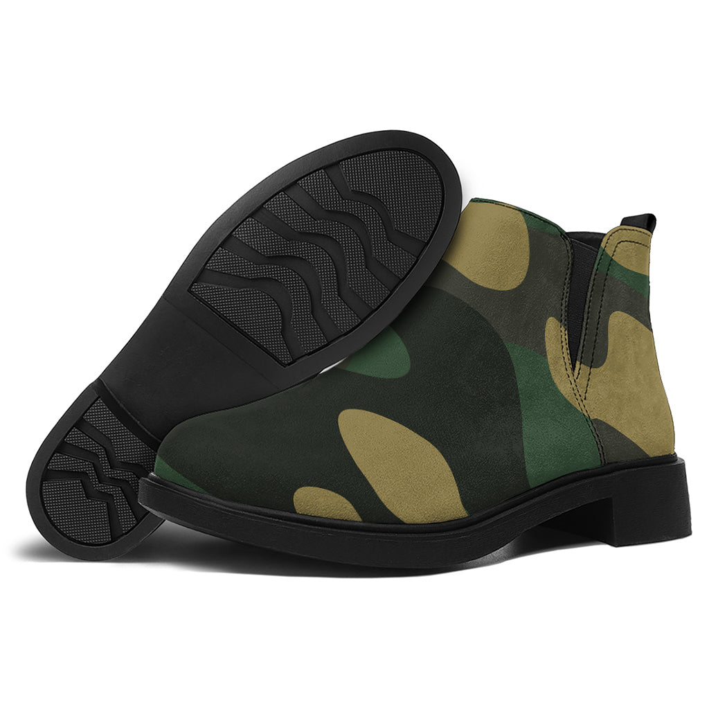Black And Green Camouflage Print Flat Ankle Boots