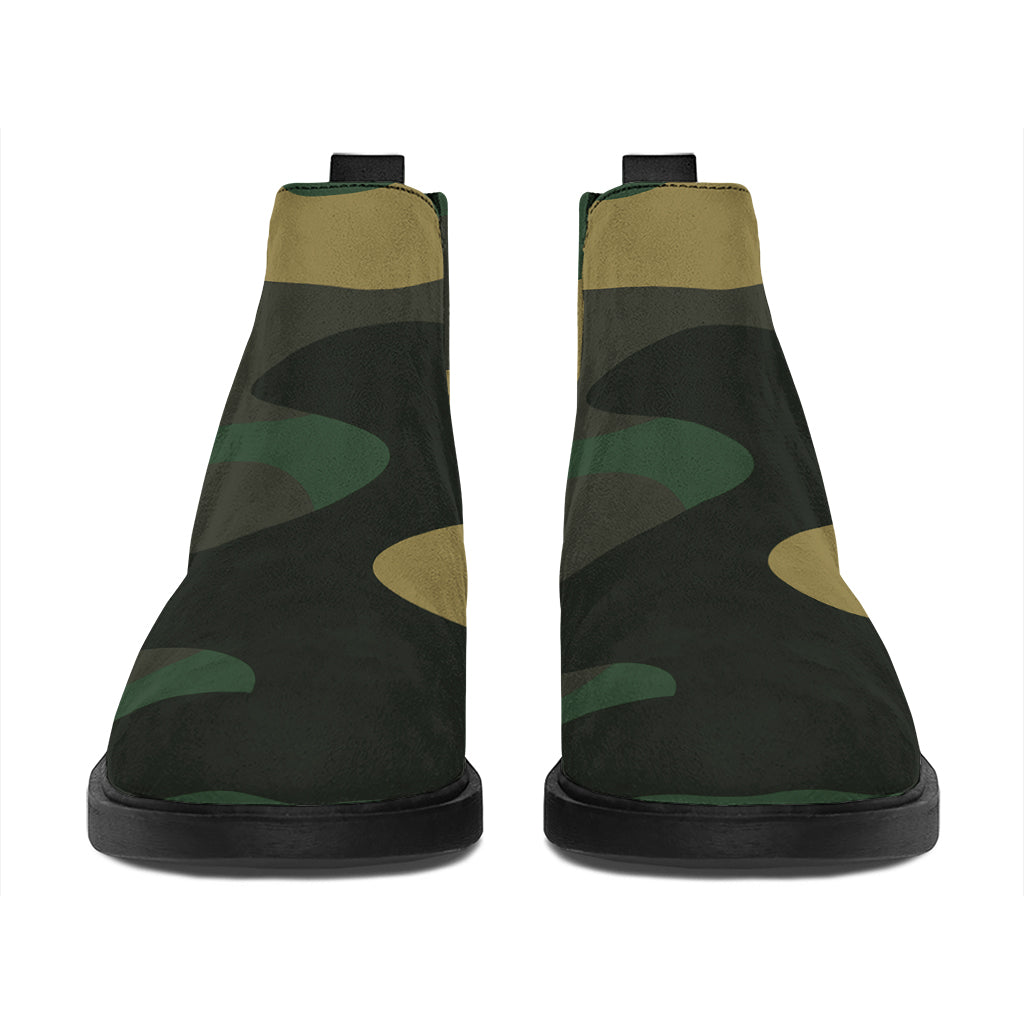 Black And Green Camouflage Print Flat Ankle Boots