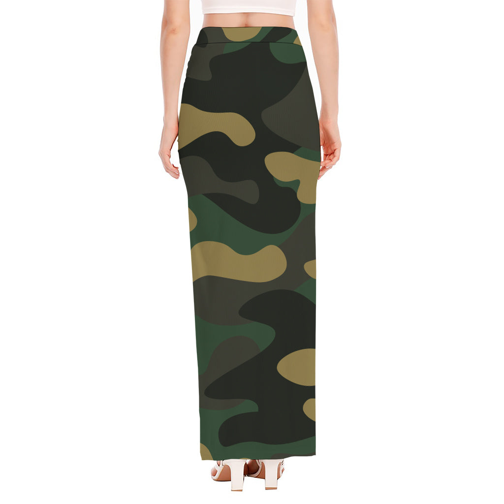 Black And Green Camouflage Print High Slit Maxi Skirt