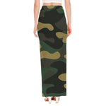 Black And Green Camouflage Print High Slit Maxi Skirt