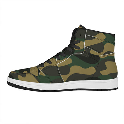 Black And Green Camouflage Print High Top Leather Sneakers