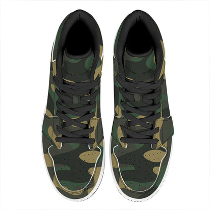Black And Green Camouflage Print High Top Leather Sneakers