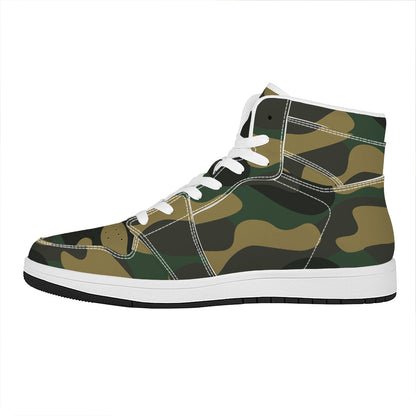 Black And Green Camouflage Print High Top Leather Sneakers