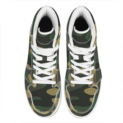 Black And Green Camouflage Print High Top Leather Sneakers