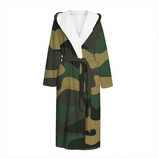 Black And Green Camouflage Print Hooded Bathrobe