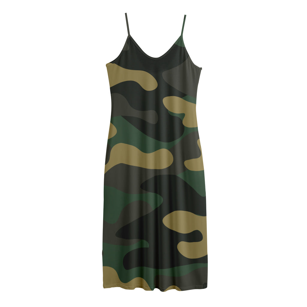 Black And Green Camouflage Print Jersey Midi Cami Dress