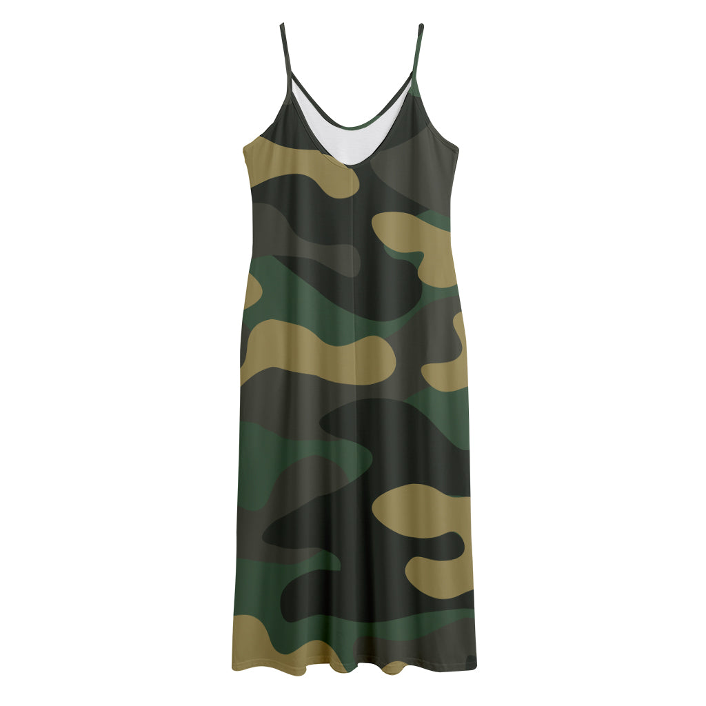 Black And Green Camouflage Print Jersey Midi Cami Dress
