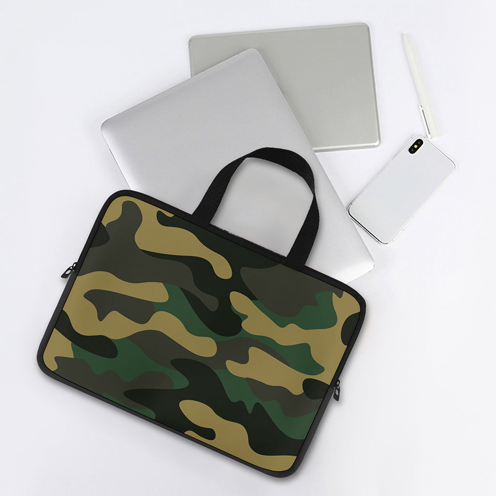 Black And Green Camouflage Print Laptop Sleeve With Handle