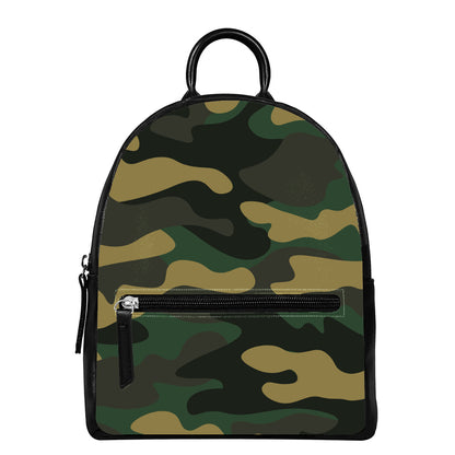 Black And Green Camouflage Print Leather Backpack