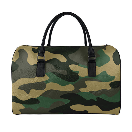 Black And Green Camouflage Print Leather Duffle Bag