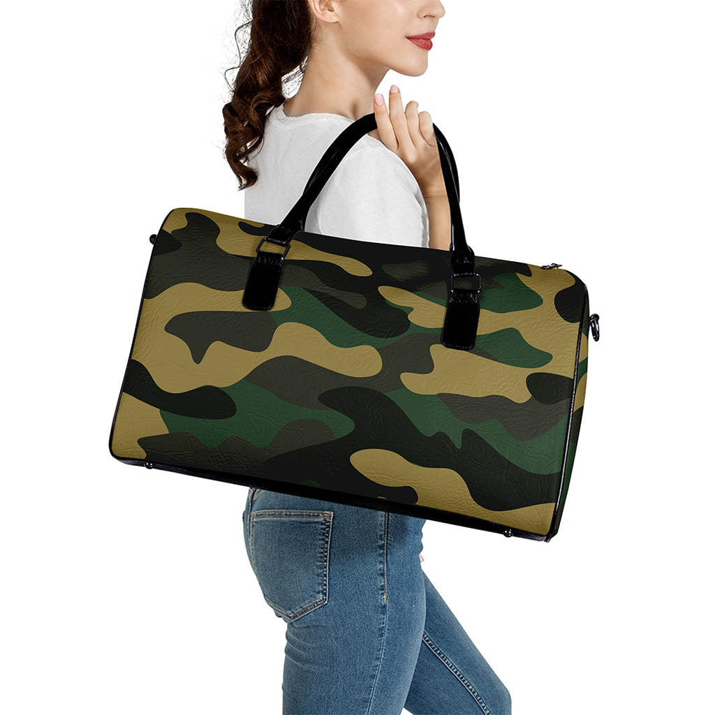 Black And Green Camouflage Print Leather Duffle Bag
