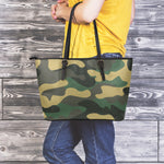 Black And Green Camouflage Print Leather Tote Bag