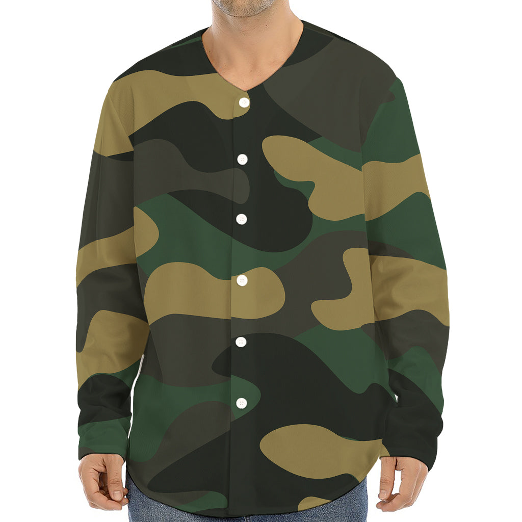 Black And Green Camouflage Print Long Sleeve Baseball Jersey