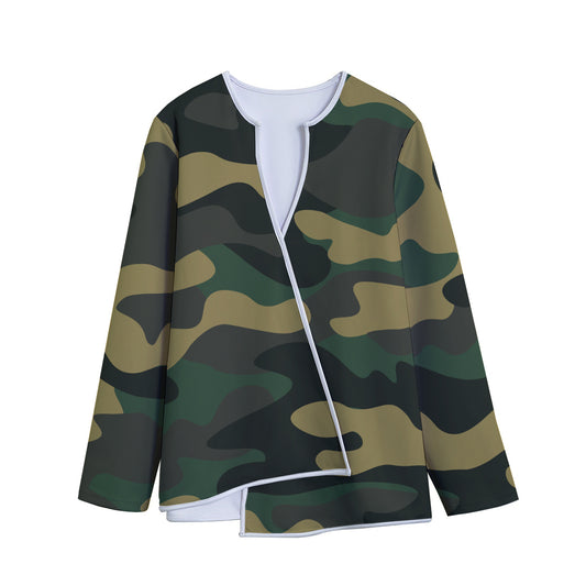Black And Green Camouflage Print Long Sleeve Short Coat