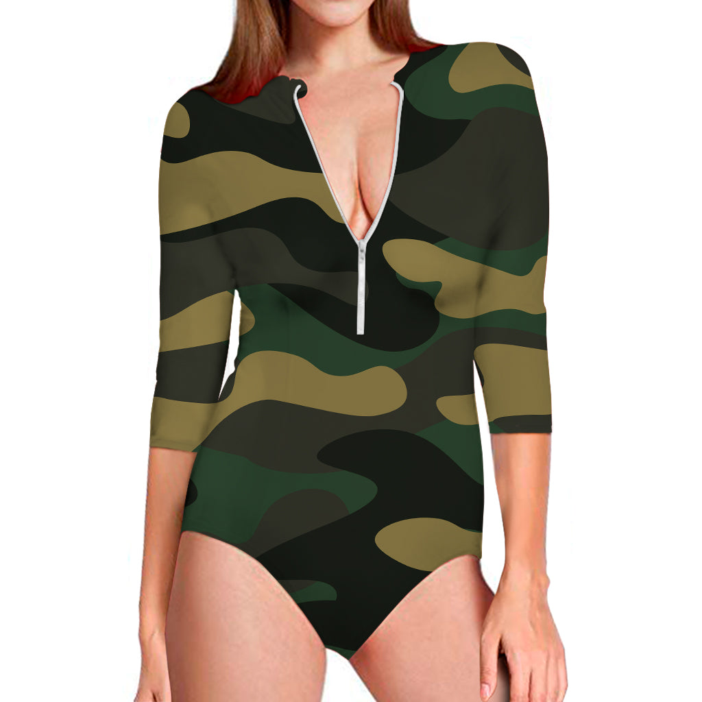 Black And Green Camouflage Print Long Sleeve Swimsuit