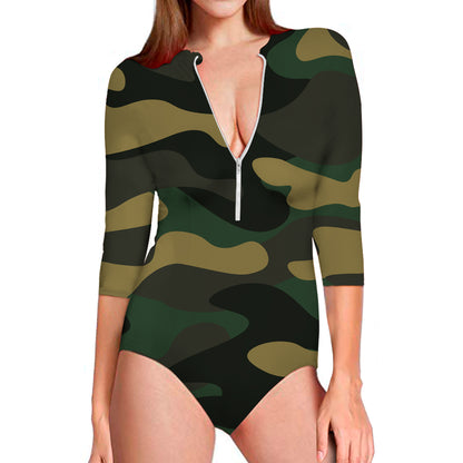 Black And Green Camouflage Print Long Sleeve Swimsuit