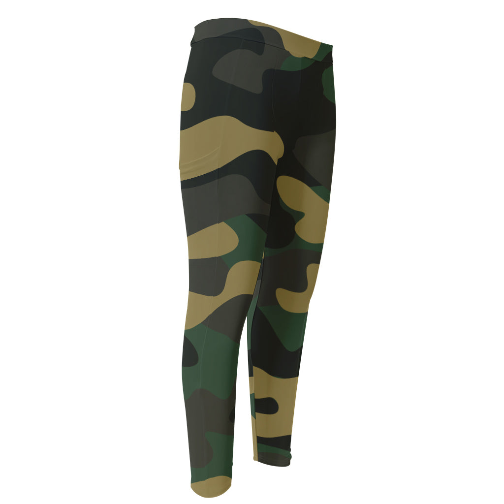 Black And Green Camouflage Print Men's Compression Pants