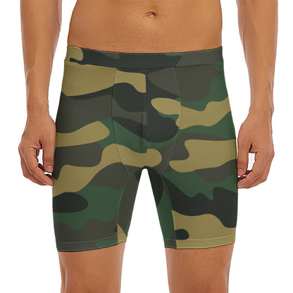 Black And Green Camouflage Print Men's Long Boxer Briefs