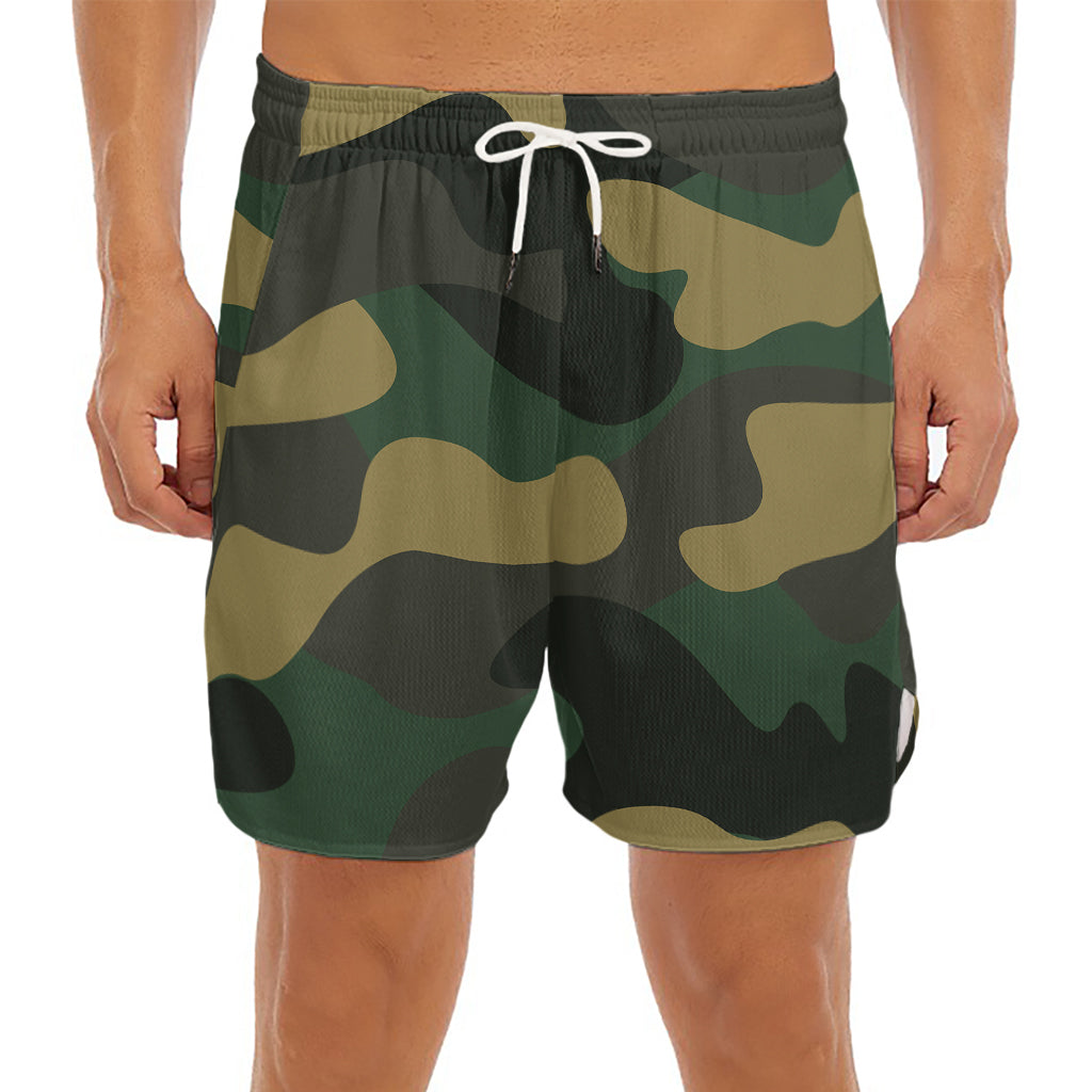 Black And Green Camouflage Print Men's Split Running Shorts