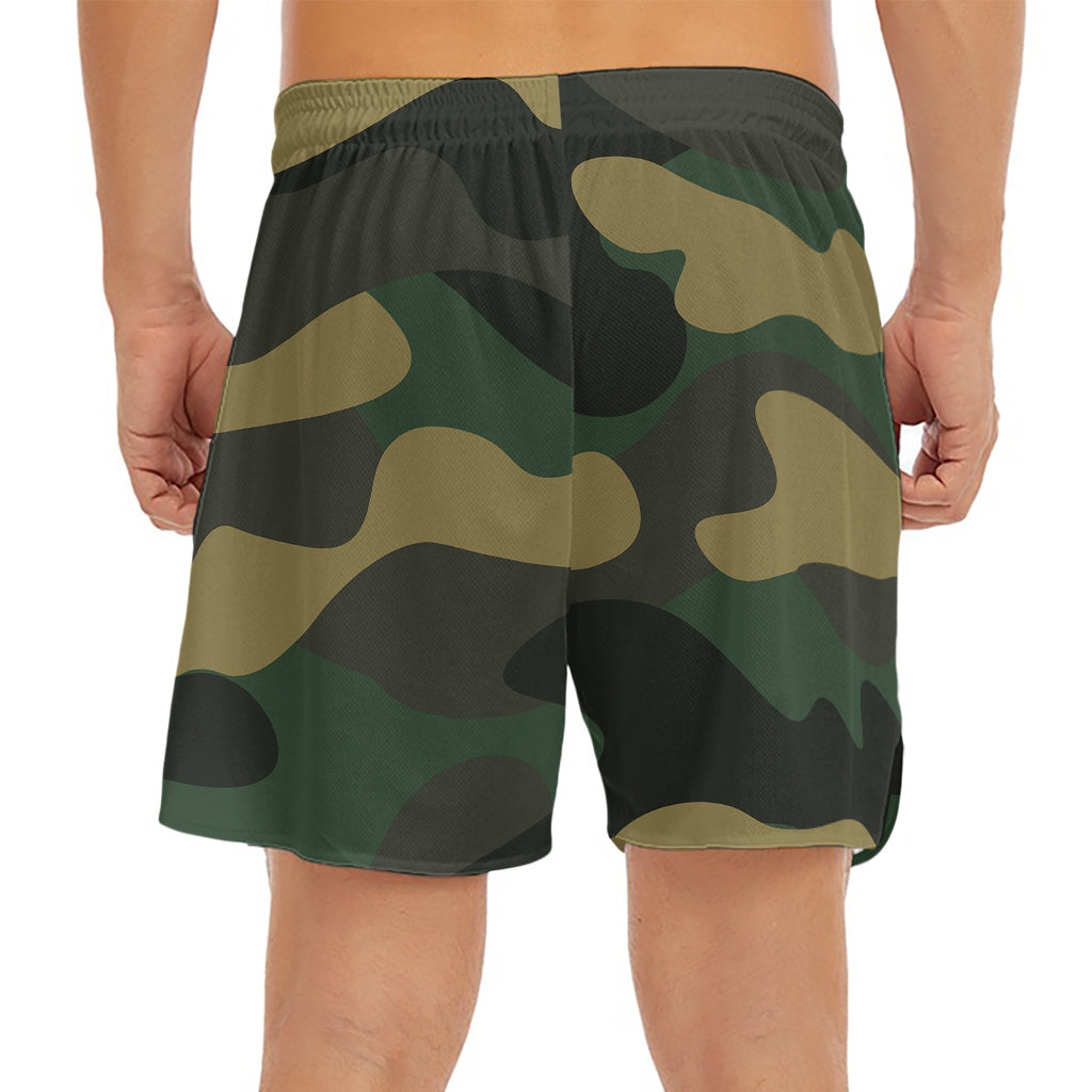 Black And Green Camouflage Print Men's Split Running Shorts