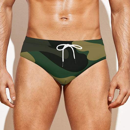 Black And Green Camouflage Print Men's Swim Briefs