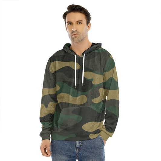 Black And Green Camouflage Print Men's Velvet Pullover Hoodie