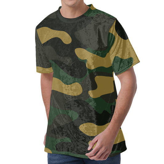 Black And Green Camouflage Print Men's Velvet T-Shirt