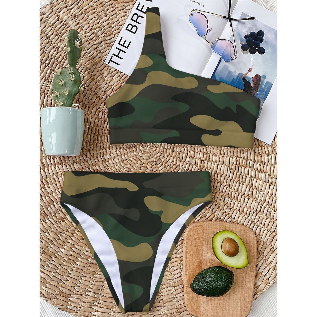 Black And Green Camouflage Print One Shoulder Bikini Top