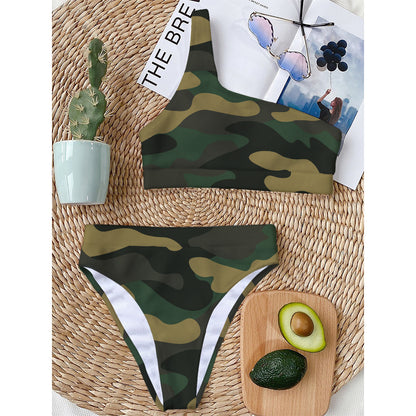 Black And Green Camouflage Print One Shoulder Bikini Top