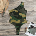Black And Green Camouflage Print One Shoulder Bodysuit