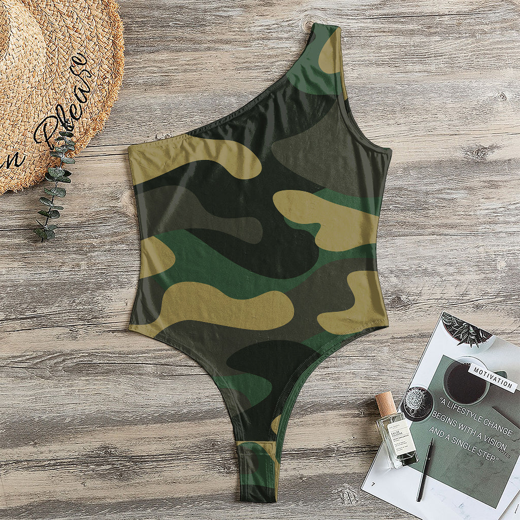 Black And Green Camouflage Print One Shoulder Bodysuit