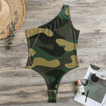 Black And Green Camouflage Print One Shoulder Bodysuit
