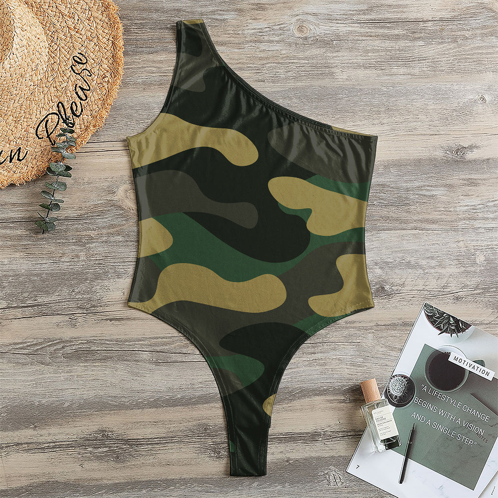 Black And Green Camouflage Print One Shoulder Bodysuit