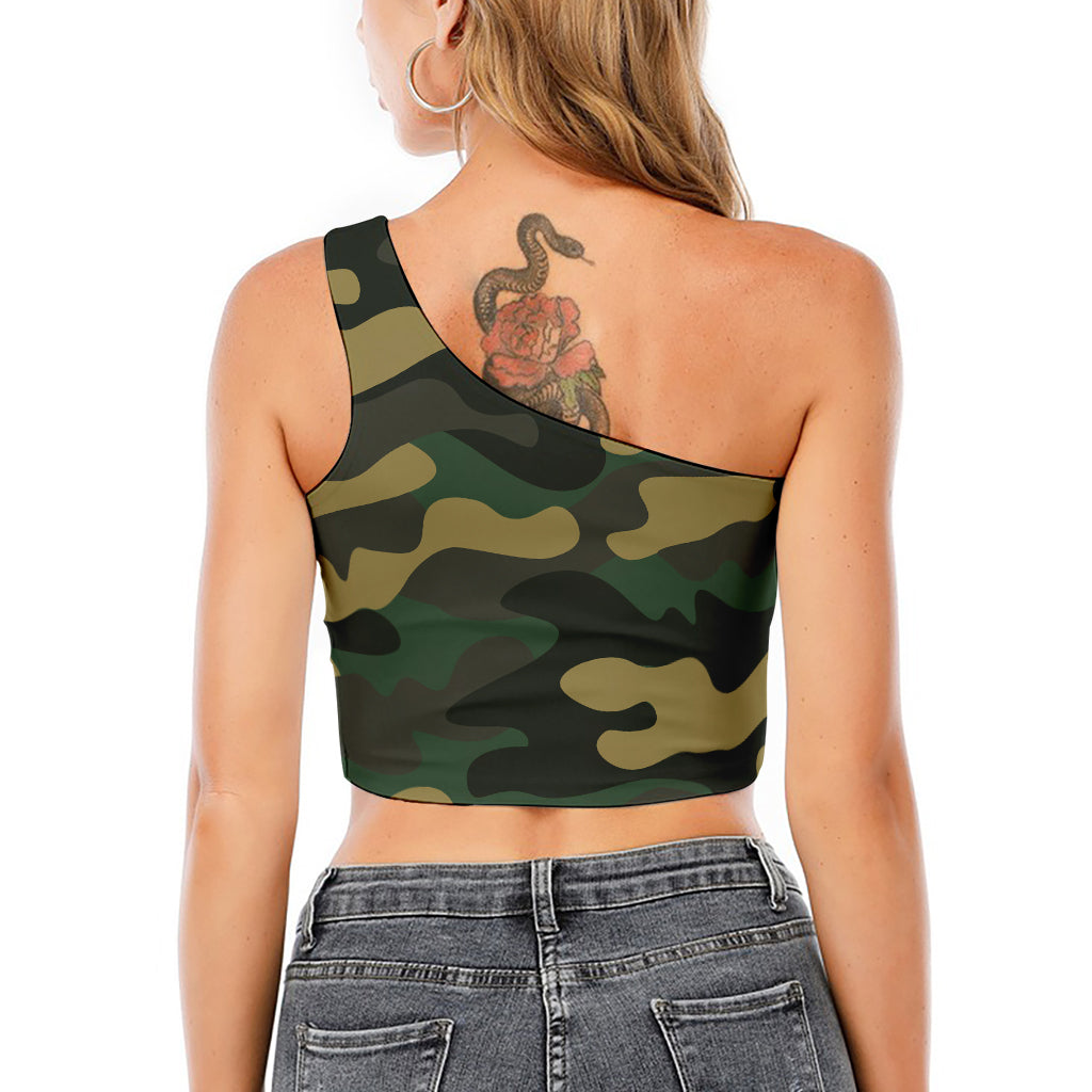 Black And Green Camouflage Print One Shoulder Crop Top