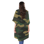 Black And Green Camouflage Print Open Front Beach Cover Up