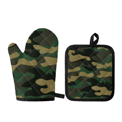 Black And Green Camouflage Print Oven Mitt And Pot Holder Set