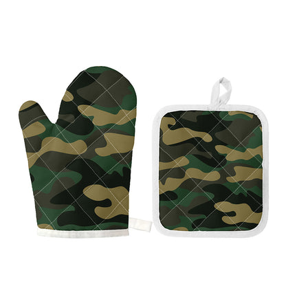 Black And Green Camouflage Print Oven Mitt And Pot Holder Set