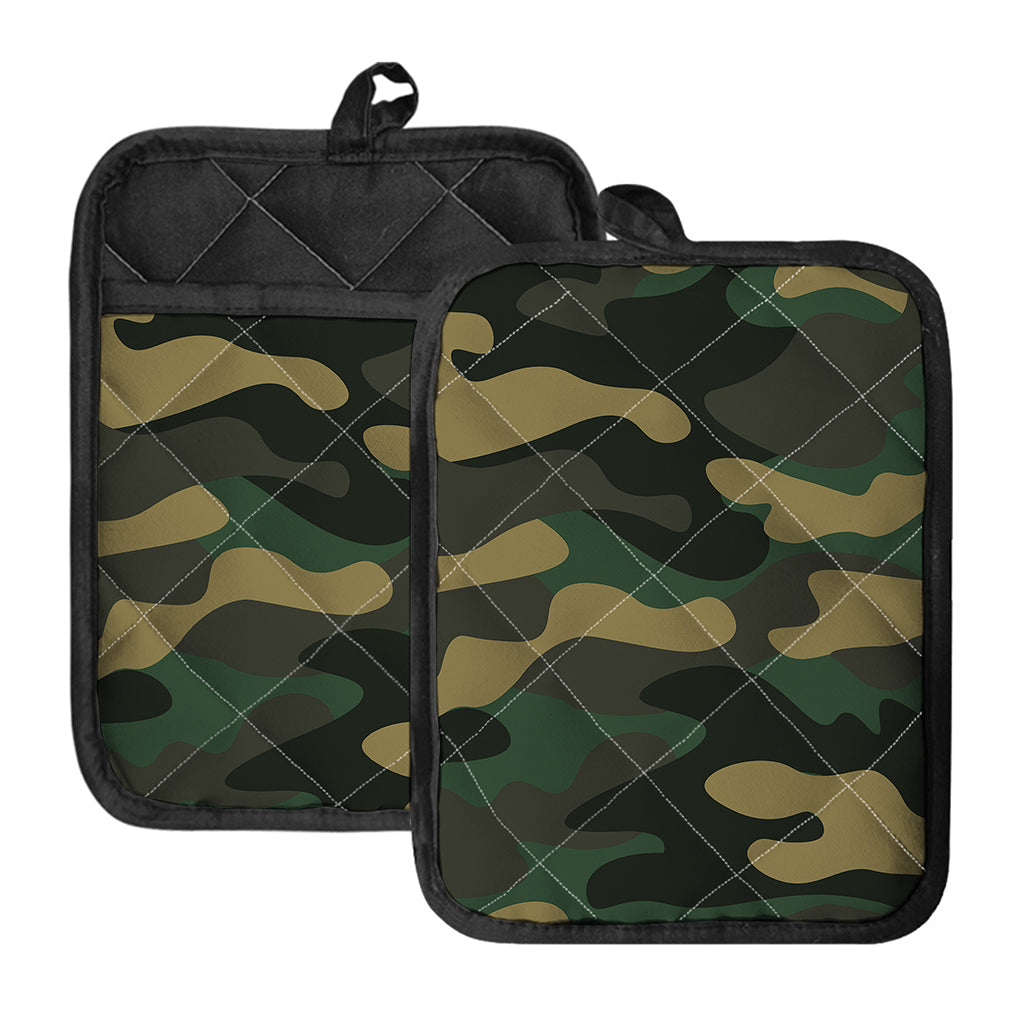 Black And Green Camouflage Print Pot Holders With Pocket